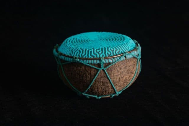  Coconut drum was created in collaboration with Hinatea Columbani, a Tahitian cultural ambassador, dancer, and costume maker 