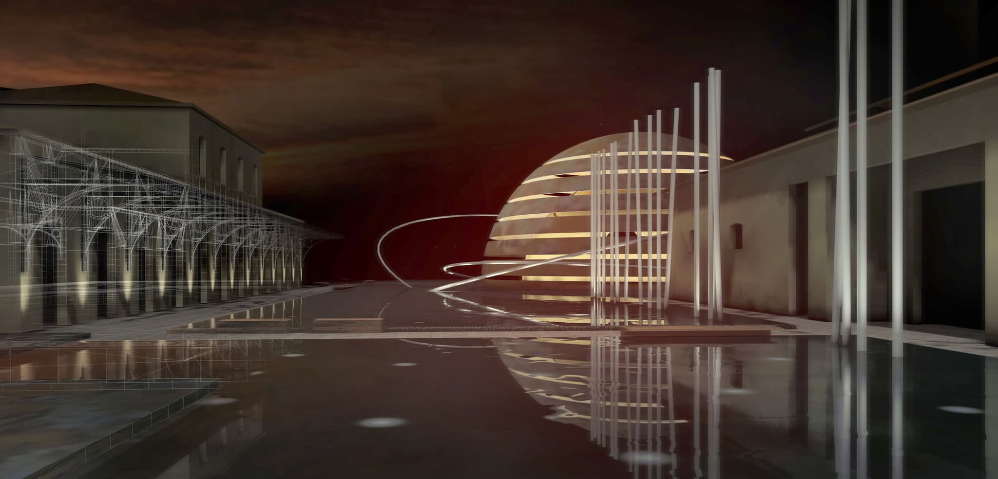 The Planetary and Science Museum, awarded 2nd Prize in the International Competition, is set in a heterogeneous area of Cosenza city. The design features a vast land-art urban-scale pool that hosts a technological, planet-like hemisphere, which reflects beautifully on the sparkling water surface. The sphere-within-a-sphere concept, illuminated with color-changing lighting effects, symbolizes the invisible mysteries of the Universe. With a total building area of 3,400 m², the project was developed in the Concept Design phase in 2001 by a team including Angelo Tomaiuolo, James Cavagnari, Prof. Enrico Baroni, Andrea Mancini, Nicola Angeletti, Raffaella Vincenzi, Lorenzo Serafini, and Yoshinari Ehara.