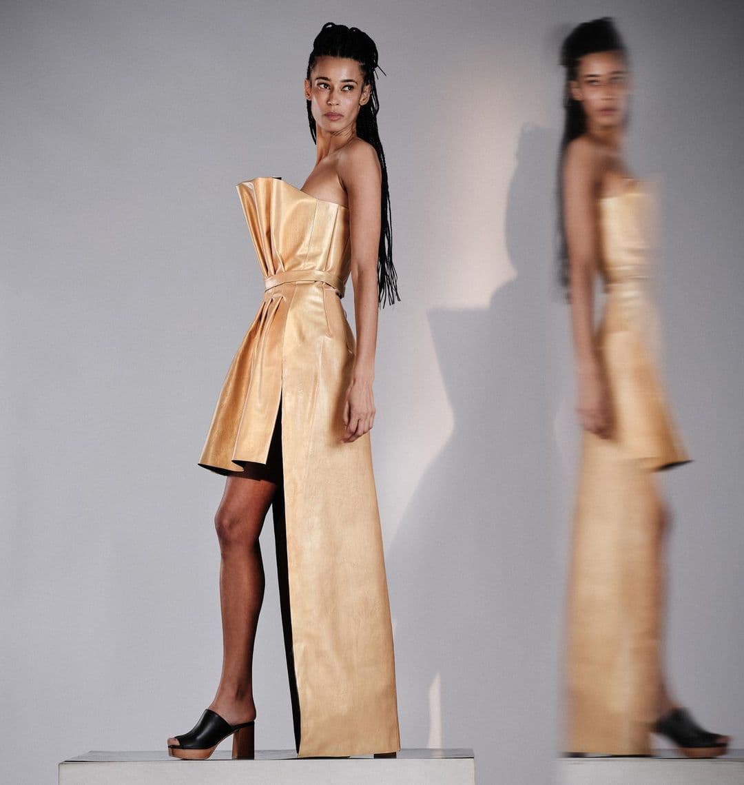 Gold marble dress made with Mirum by Felder Felder. (Photographer: @brix and maas)