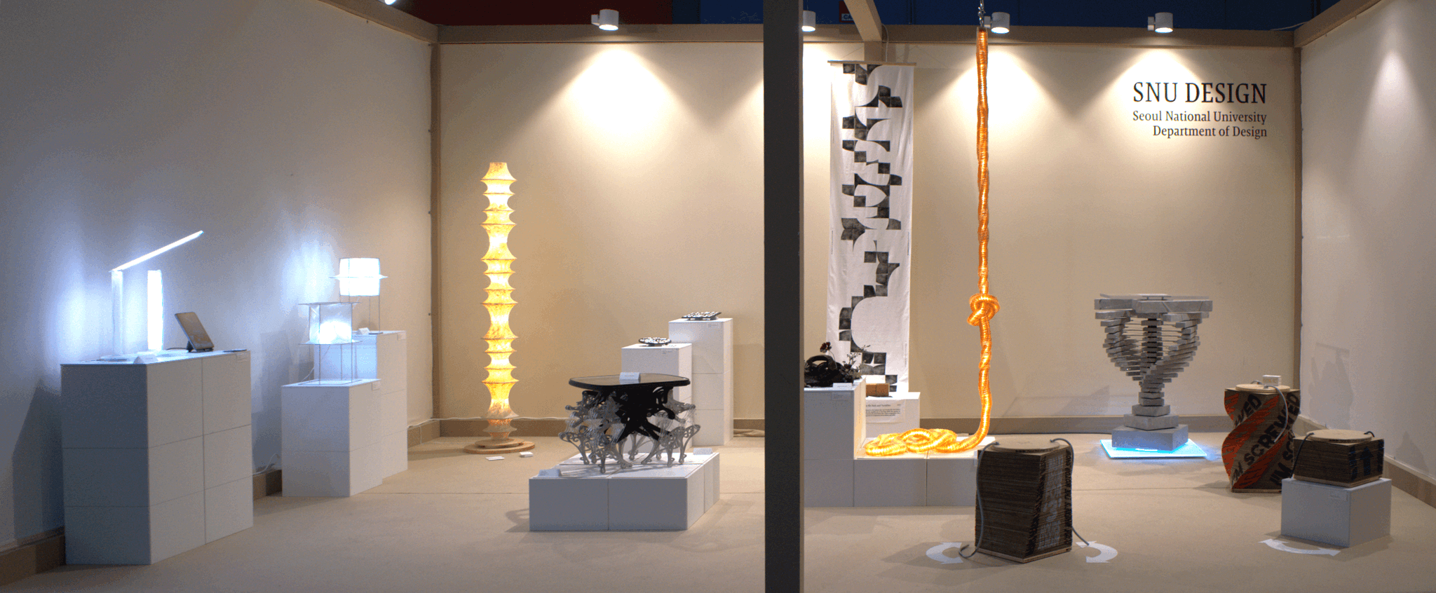Nayoung Lee's PAGO light exhibited at Salone Satellite 2024, among the work of other students from SNU