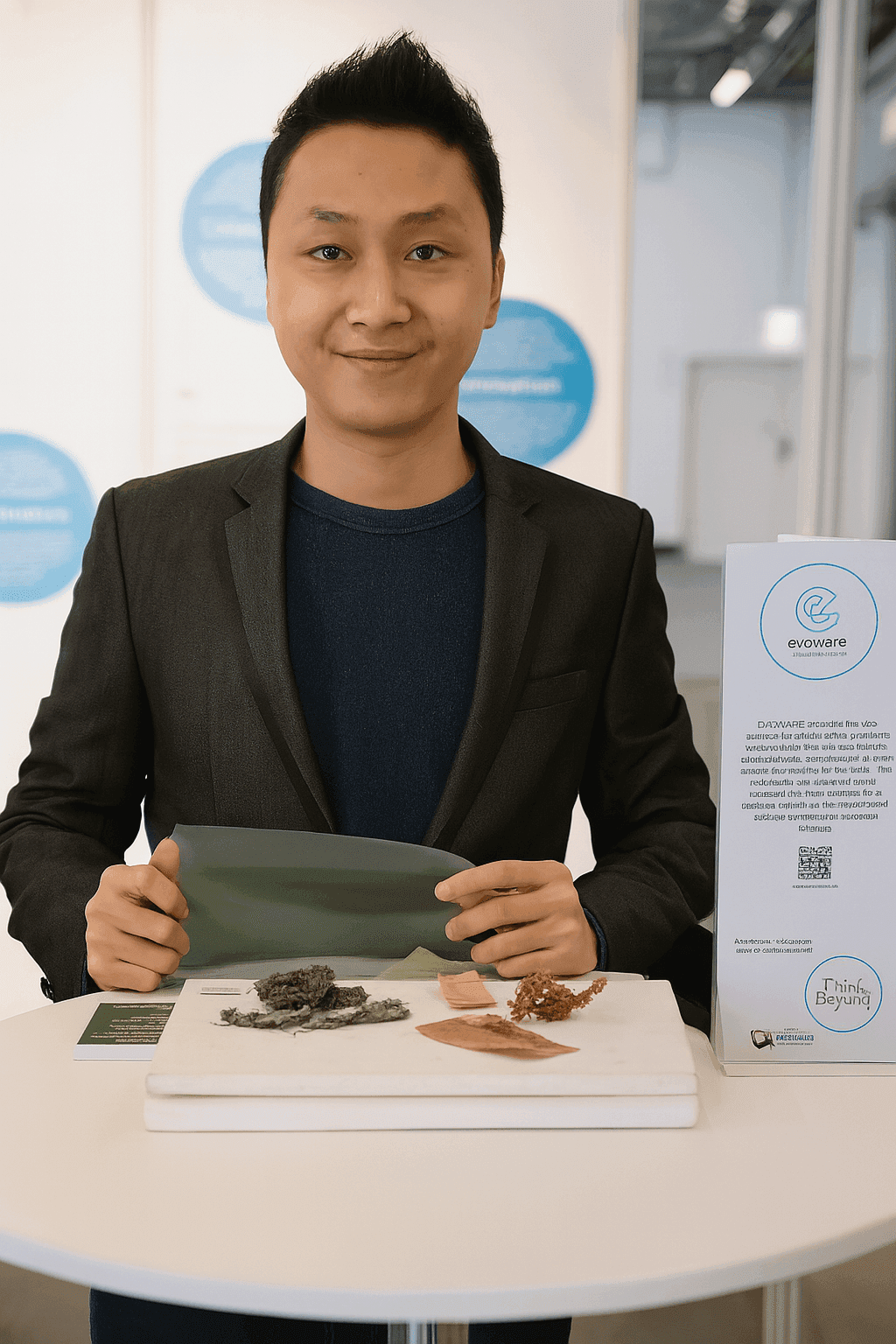 David presenting a transparent seaweed-based package at an Evoware product demo—emphasizing the material’s biodegradable, edible quality.