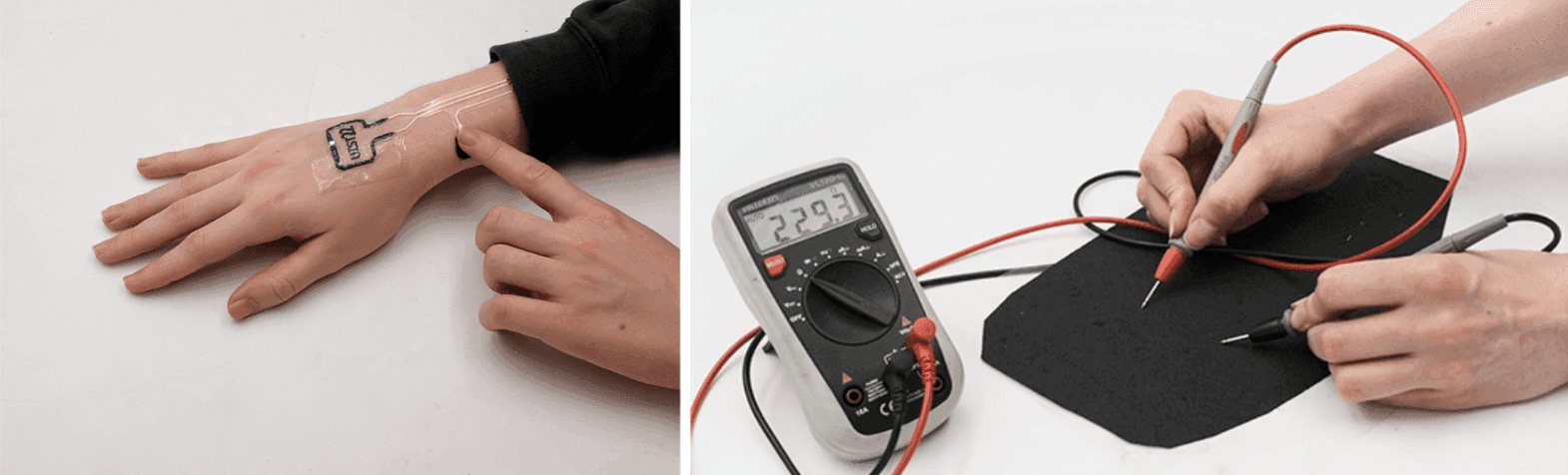 Prototyping Soft Devices with Interactive Bioplastics by Marion Koelle, Madalina Nicolae, Aditya Shekhar Nittala, Marc Teyssier, and Jürgen Steimle. Left: bio-based biosensor embedding copper and electronics. Right: conductive bioplastic measured resistively with a voltmeter.