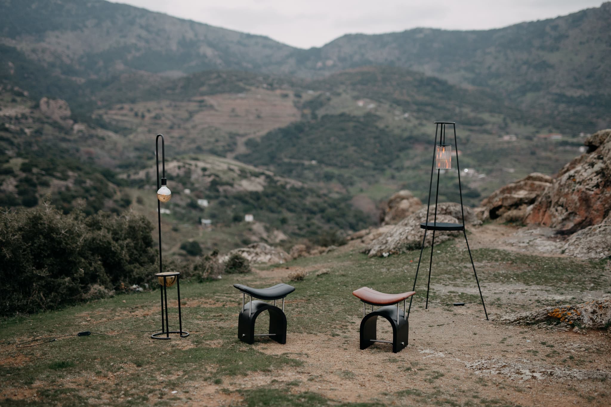 Studio Laf's creations Quasimodo Floor Lamp and Wing Stool in local landscape